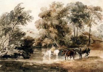Peter De Wint : Horses Drinking At A Pool